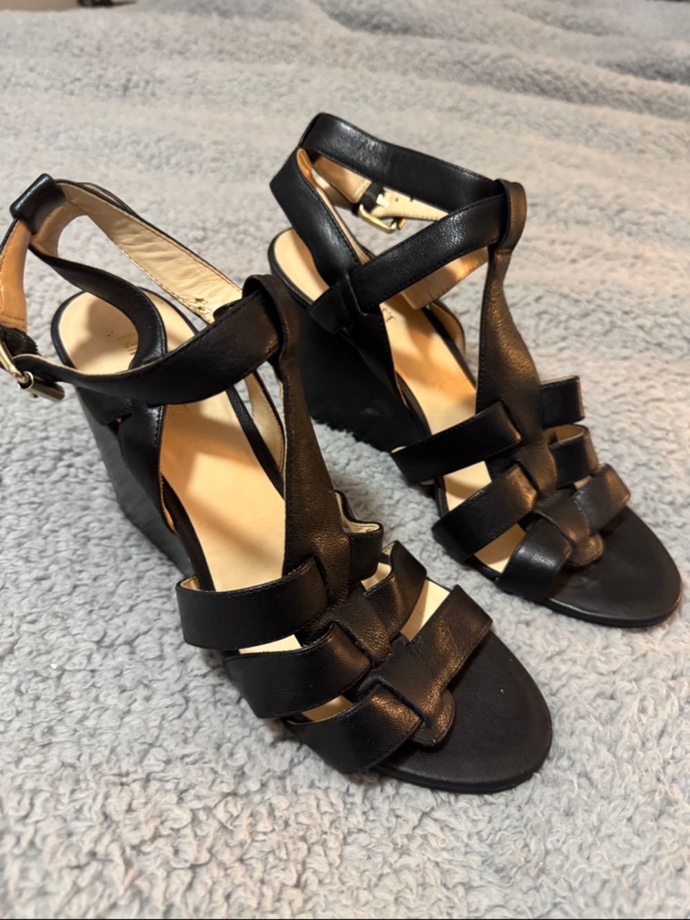 Black Strappy Wedge Sandals - Women's Elegant Leather Heels